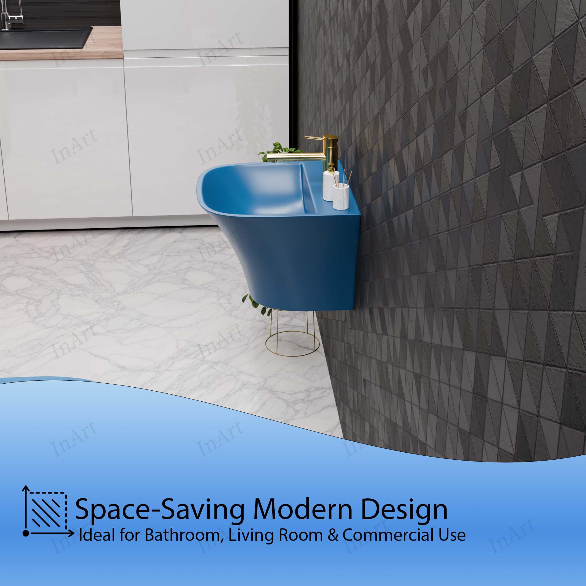 Side view of wall hung ceramic sink showing integrated shroud/half-pedestal style and glossy blue glaze