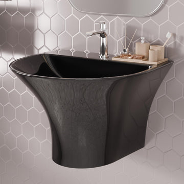 Glossy black ceramic oval wall-hung bathroom sink with integrated half pedestal, front view
