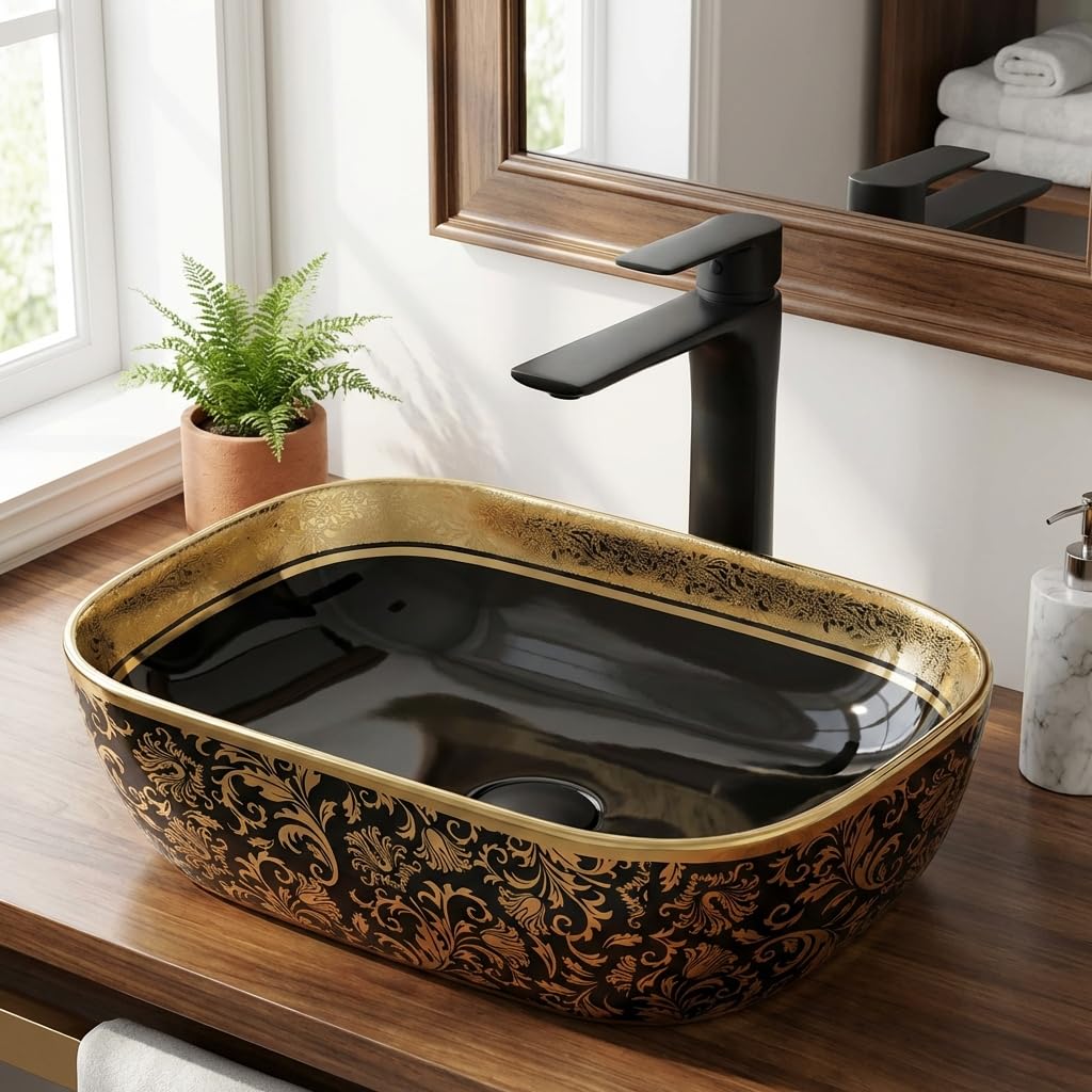 Ceramic vessel sink InArt glossy black and gold oval countertop wash basin for bathroom