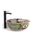 Round ceramic vessel sink with glossy multicolor pattern and gold-tone rim, above-counter bathroom basin