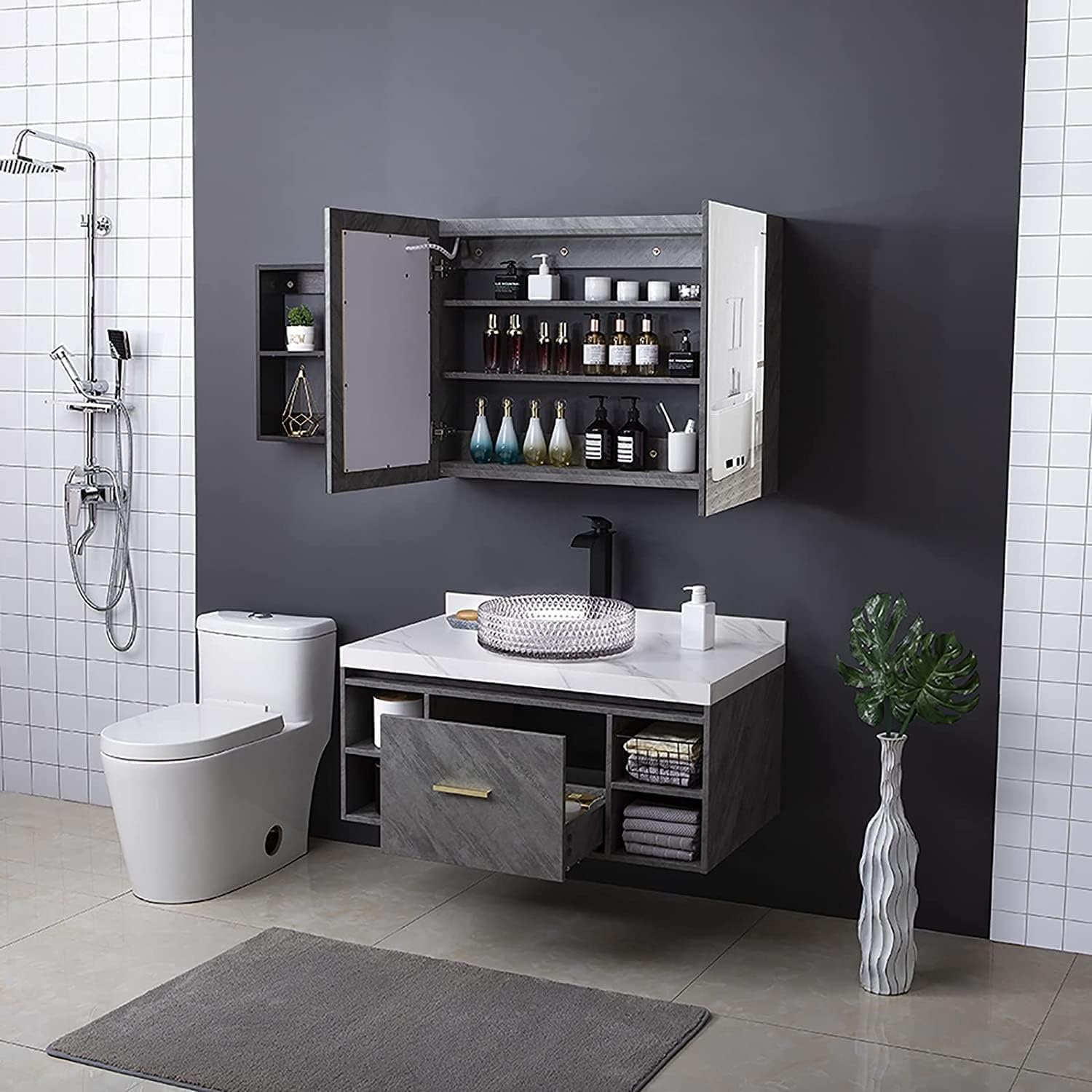 Transparent textured glass round bathroom sink bowl showing center drain opening, close-up