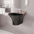 Black glazed ceramic wall-mounted oval sink basin showing single-hole faucet deck and wide bowl