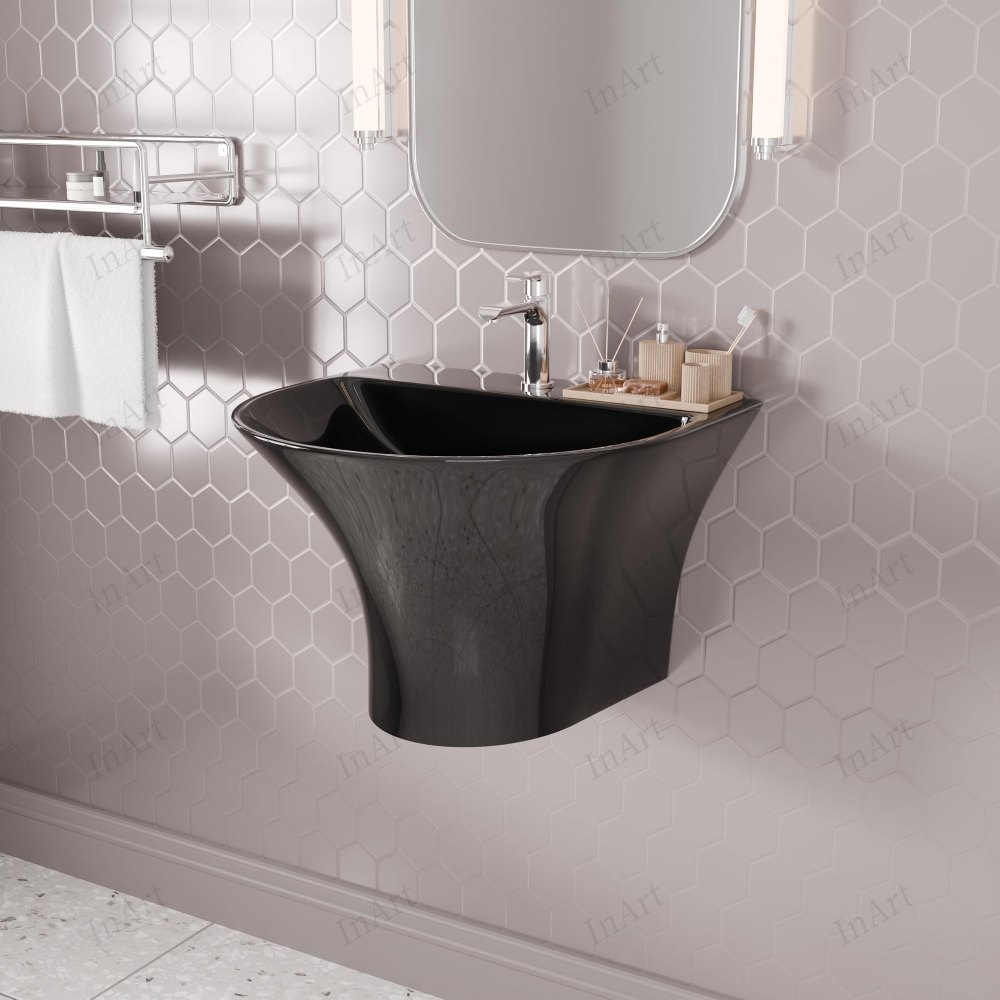 Black glazed ceramic wall-mounted oval sink basin showing single-hole faucet deck and wide bowl