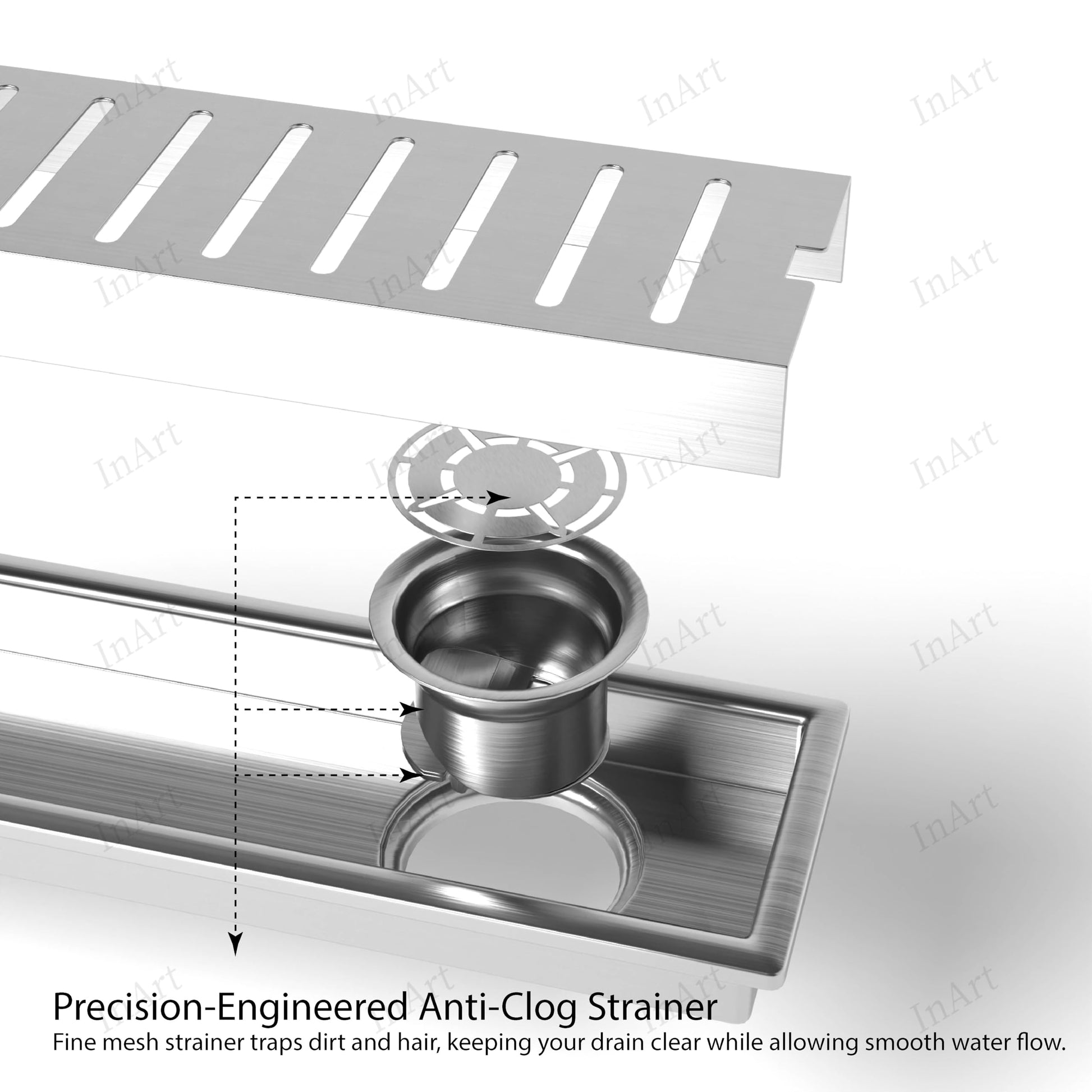 Removable grate and internal strainer insert for linear shower drain, brushed stainless steel