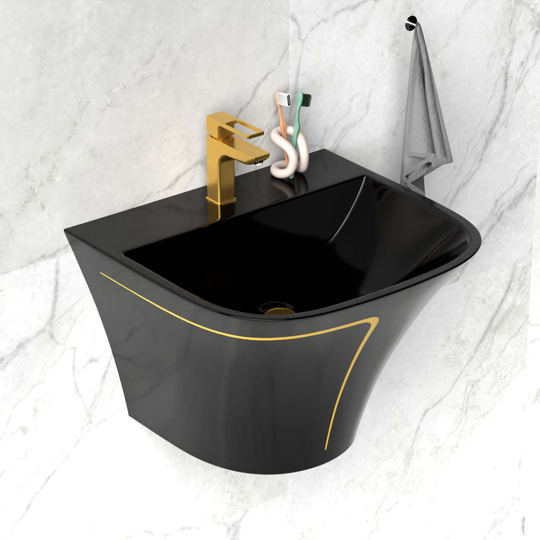 Wall mounted bathroom sink, glazed ceramic rectangular basin in glossy black with gold accent line, front view