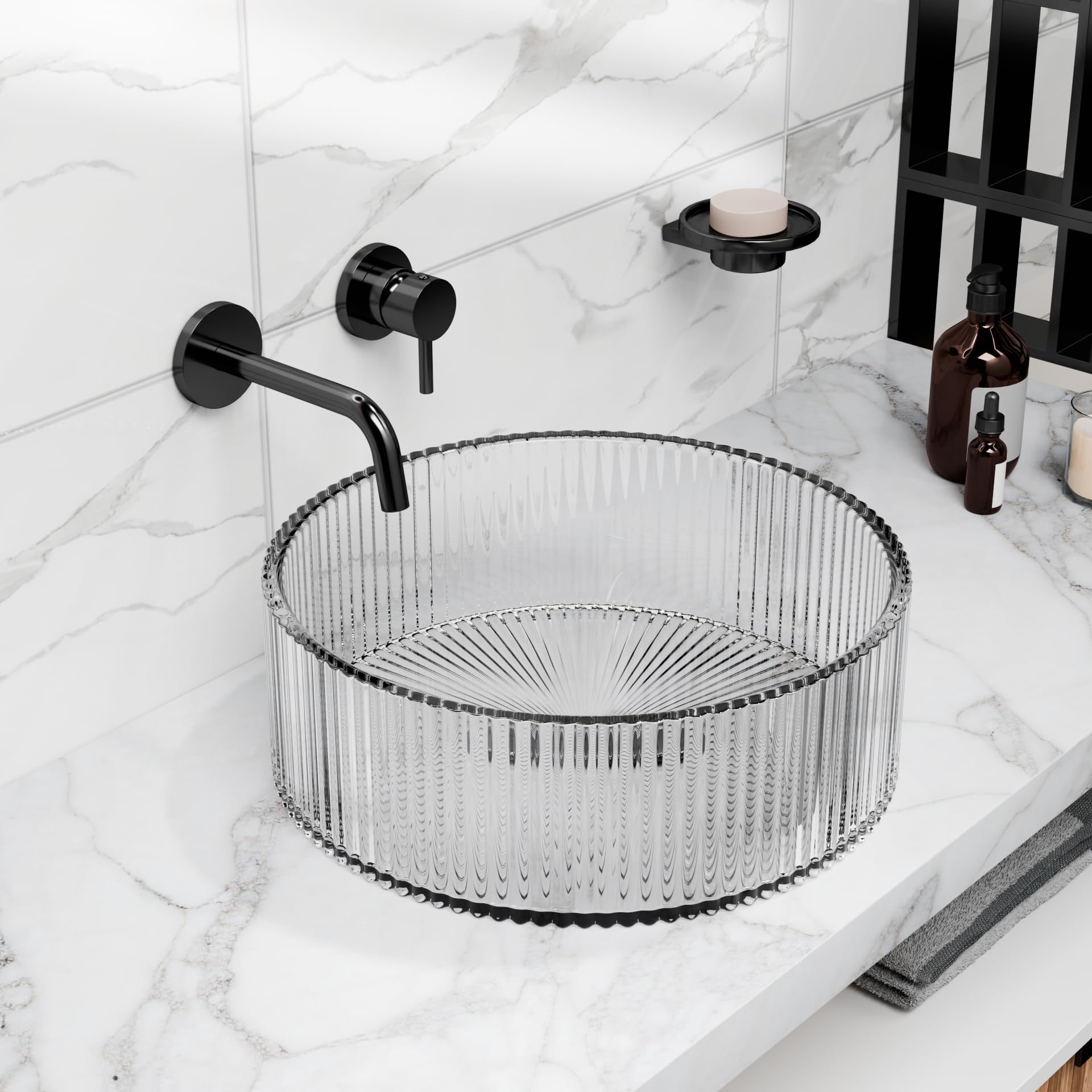 Round clear tempered glass vessel sink bowl with ribbed fluted sides, above-counter bathroom sink