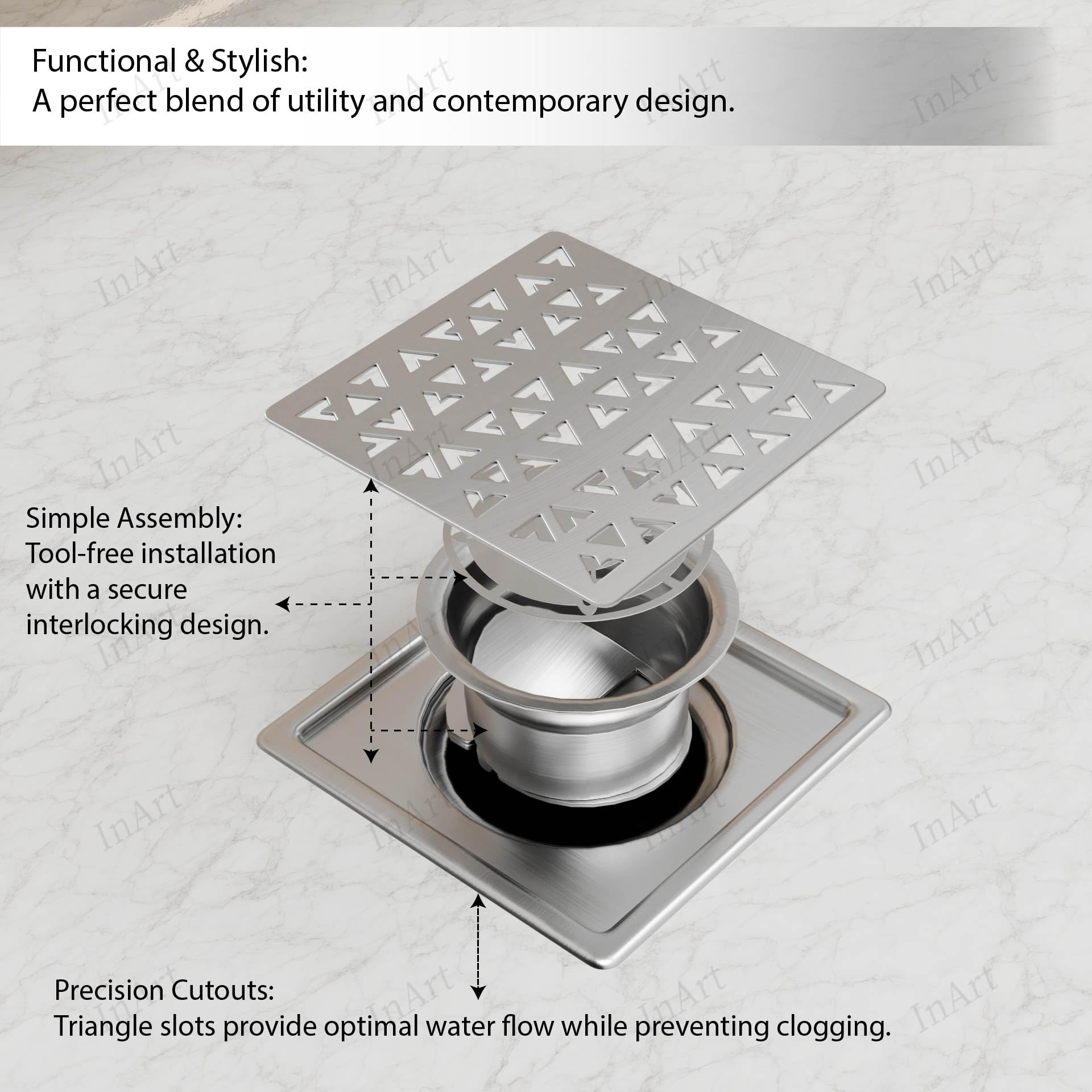 Square floor drain cover plate in brushed stainless steel with removable grate, 5x5 shower drain