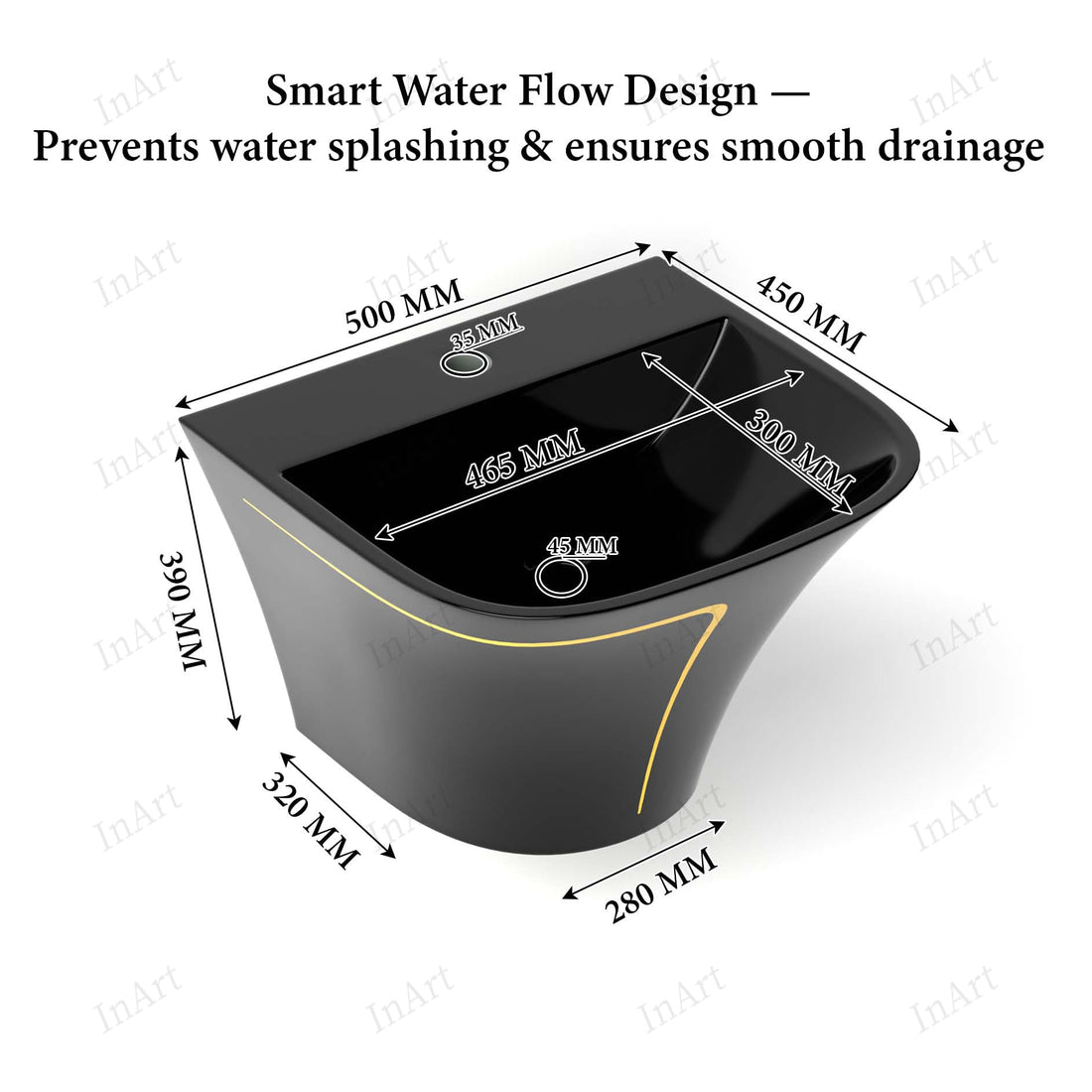 Wall mounted bathroom sink, glazed ceramic rectangular basin in glossy black with gold accent line, front view
