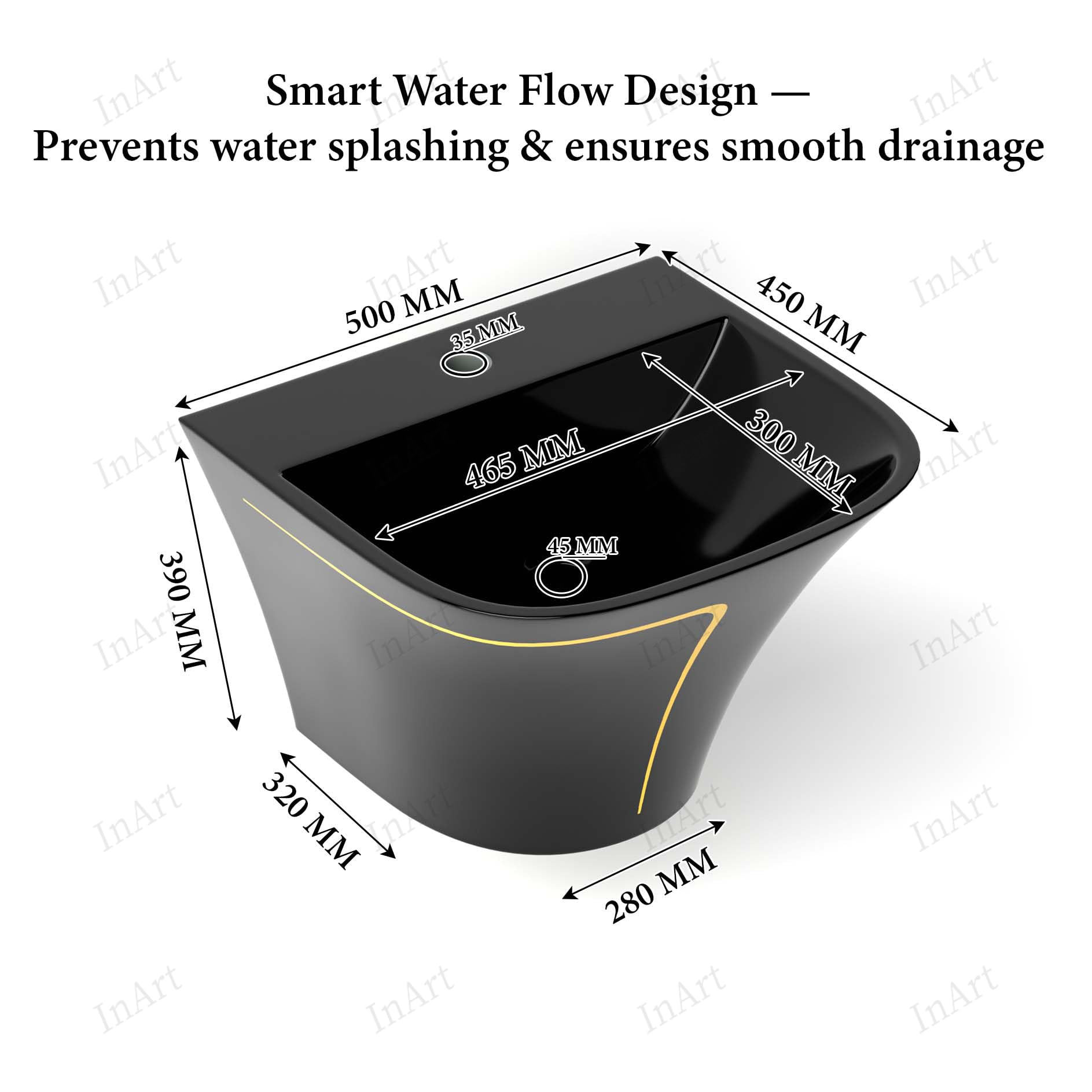 Wall hung ceramic rectangular sink with integrated half-pedestal shroud, glossy black finish, angled view