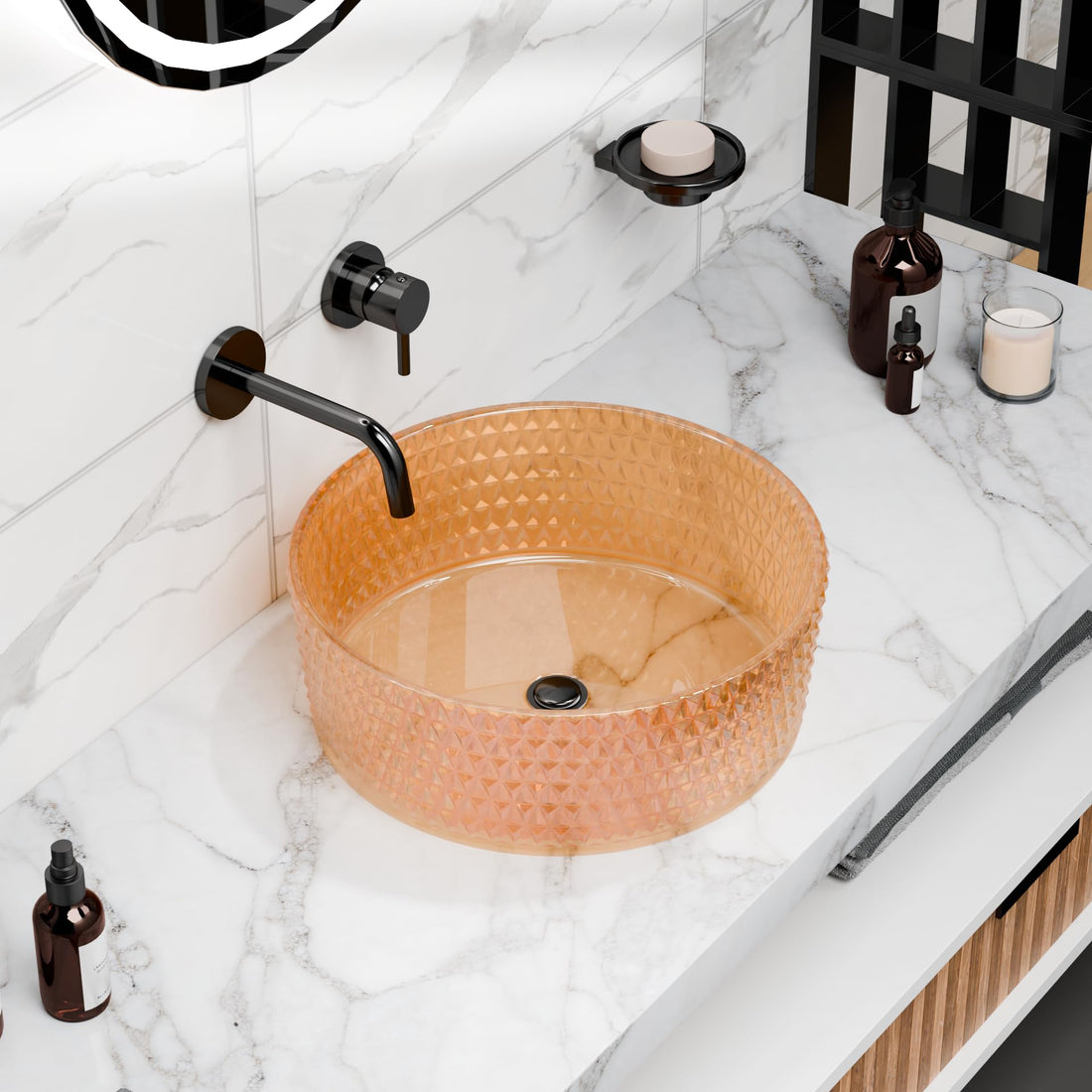 Round amber glass vessel sink with textured faceted exterior, above-counter bathroom bowl