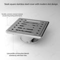 Angled view of brushed stainless 5 inch square shower drain grate with modern slot pattern and beveled edge