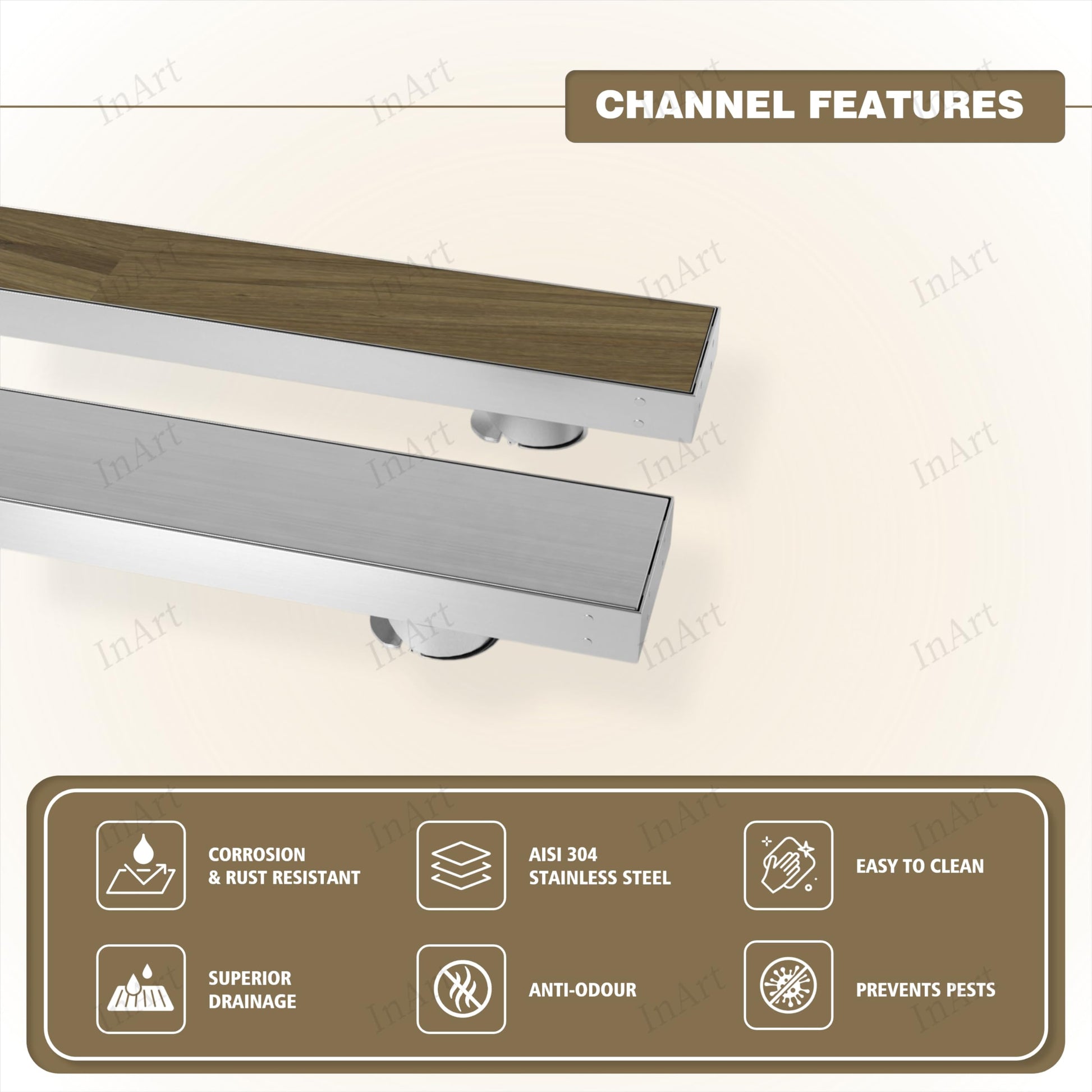 InArt reversible linear drain cover brushed stainless solid side and tile-in insert tray shown side by side