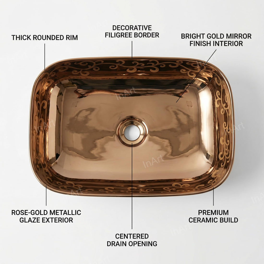 Bathroom ceramic basin InArt rose gold rectangular ceramic vessel sink tabletop wash basin