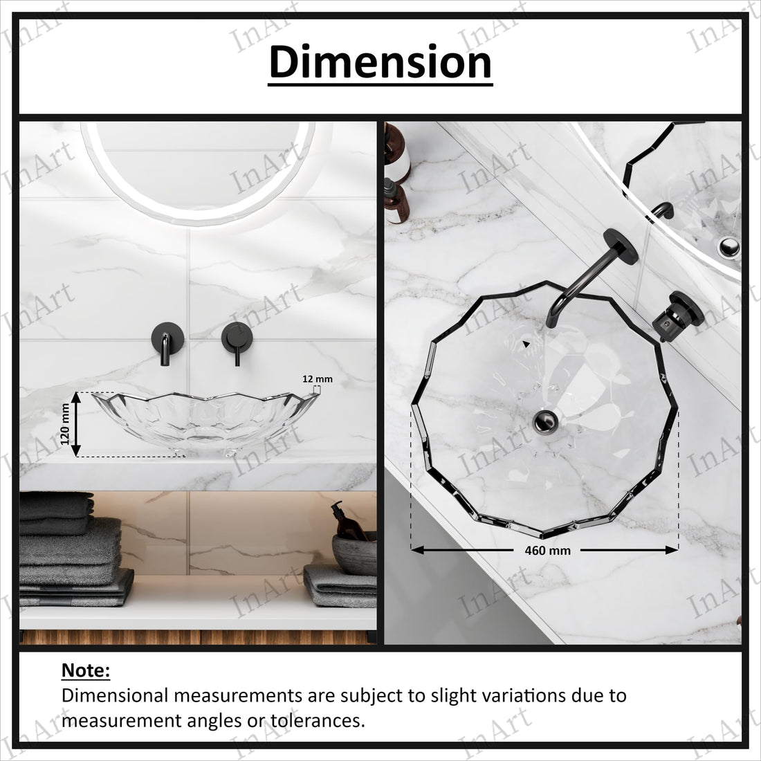 Clear glass vessel sink, round above-counter basin with prism-cut faceted rim