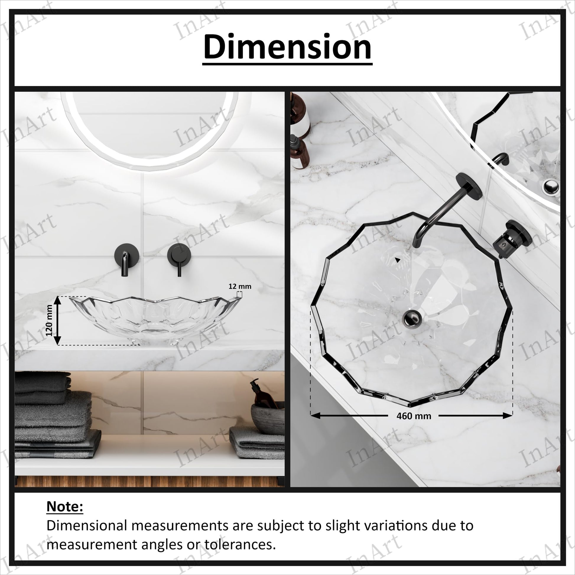 Transparent round glass vessel bathroom sink showing geometric crystal-style texture