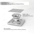 Exploded view of stainless steel square floor drain showing removable cup-style trap/strainer insert