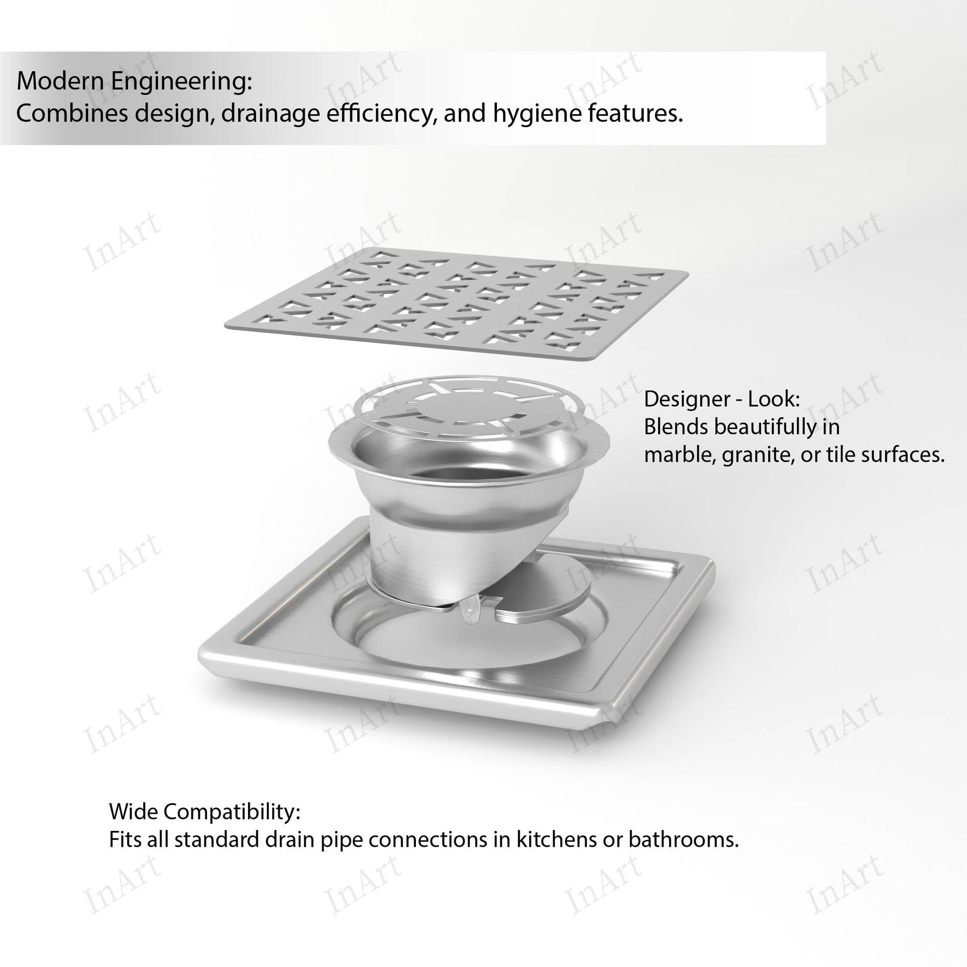Exploded view of stainless steel square floor drain showing removable cup-style trap/strainer insert