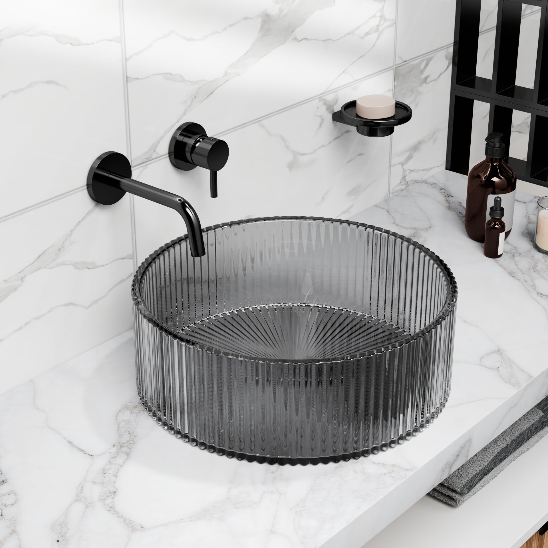 Round tempered glass vessel sink in smoked gray with fluted texture, above-counter bathroom basin