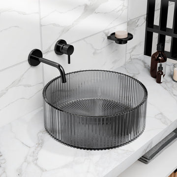 Round tempered glass vessel sink in smoked gray with fluted texture, above-counter bathroom basin