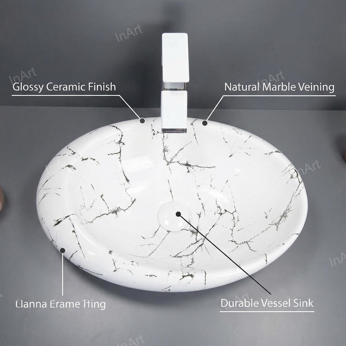 Vanity for vessel sink InArt Satvario rectangular ceramic vessel sink 20x12 white gray marble countertop basin