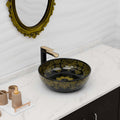 Decorative ceramic bathroom basin, round above-counter vessel sink in black and gold pattern