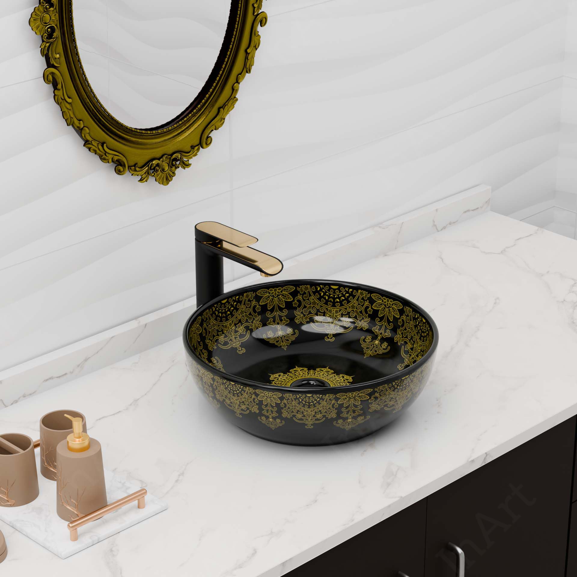 Decorative ceramic bathroom basin, round above-counter vessel sink in black and gold pattern