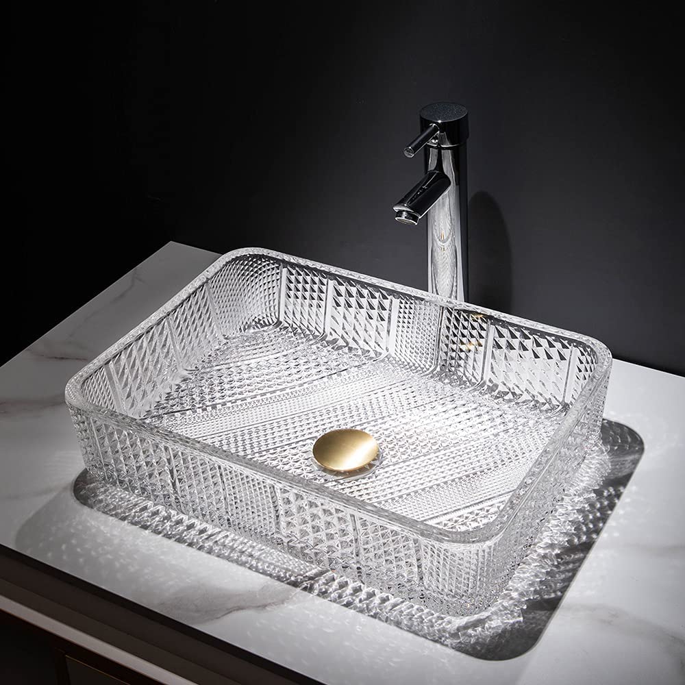 Clear tempered glass rectangular vessel sink with crystal-faceted texture, above-counter bathroom basin