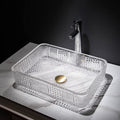 Clear tempered glass rectangular vessel sink with crystal-faceted texture, above-counter bathroom basin