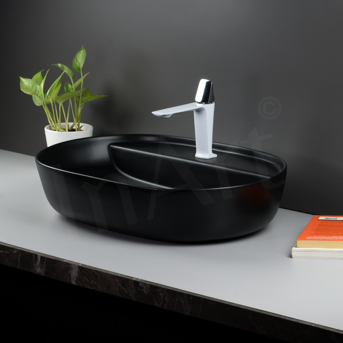 InArt Black Matte Ceramic Vessel Sink – 24" x 16" Rectangular Countertop Bathroom Vanity Basin DW279