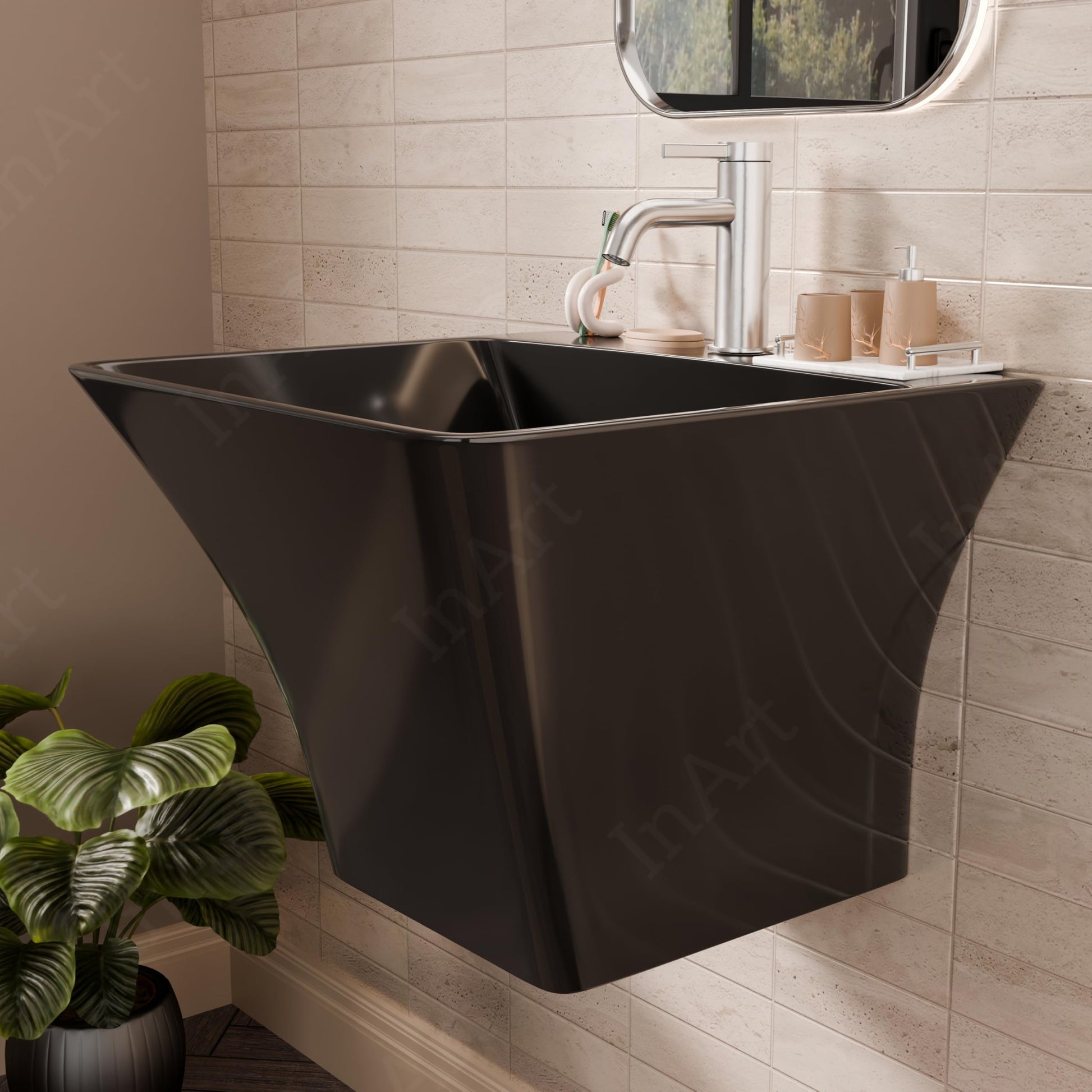 Contemporary wall mount powder room sink in polished black ceramic, rectangular bowl detail close-up