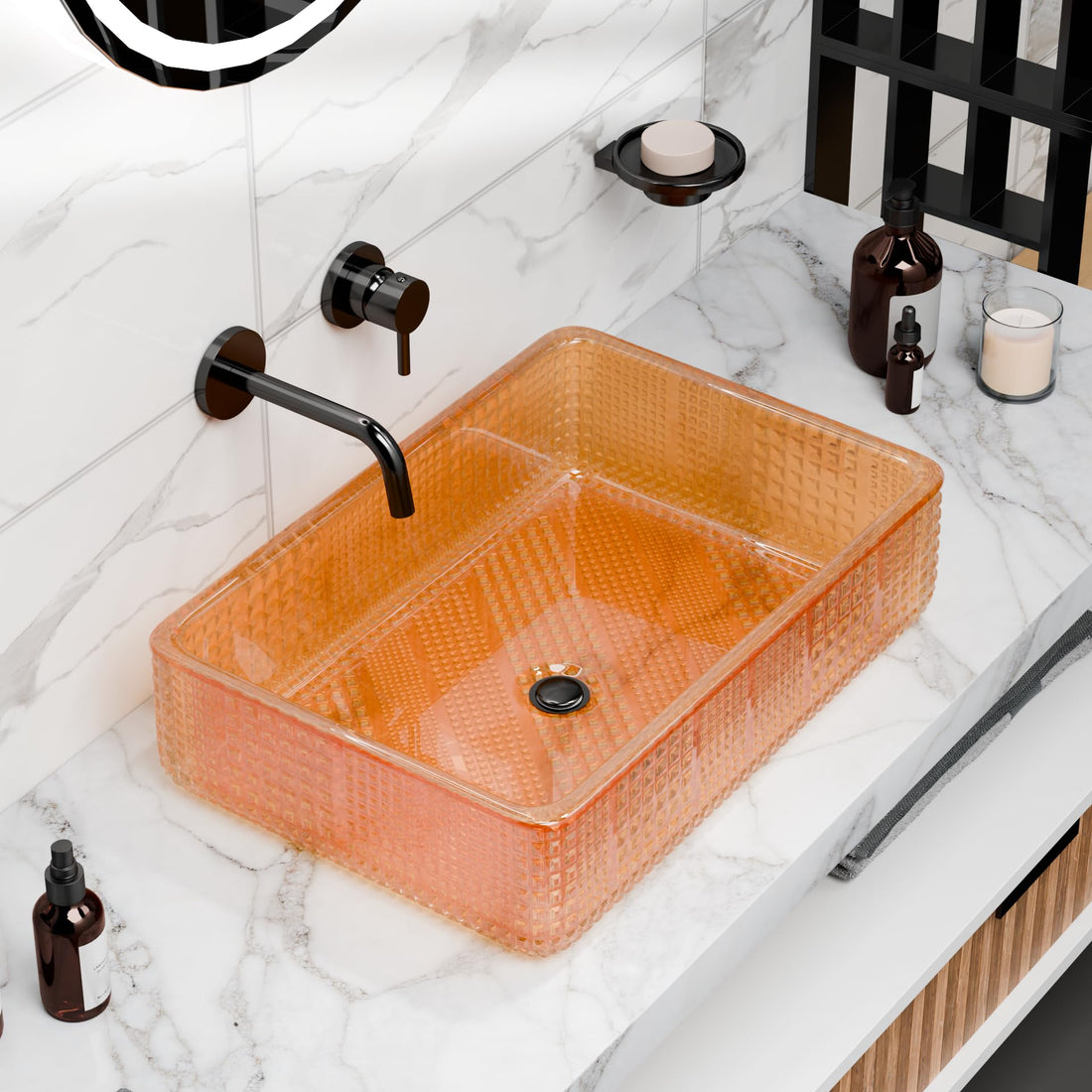 Rectangular tempered glass vessel sink in amber/orange with textured geometric pattern, above-counter bathroom basin