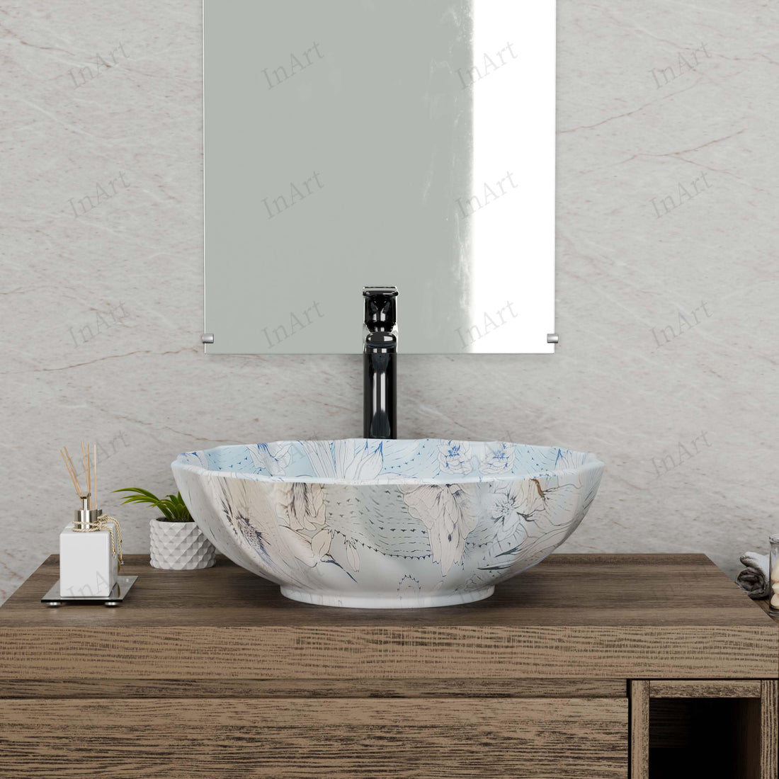 Vessel sink InArt light blue glossy round ceramic wash basin 18x18x6 above counter bathroom