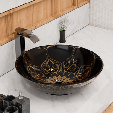 Vessel sinks for bathroom - InArt round ceramic above counter wash basin, black and gold, 16x16x5