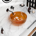 Vessel sink amber glass round bowl with diamond-textured exterior, above-counter bathroom basin