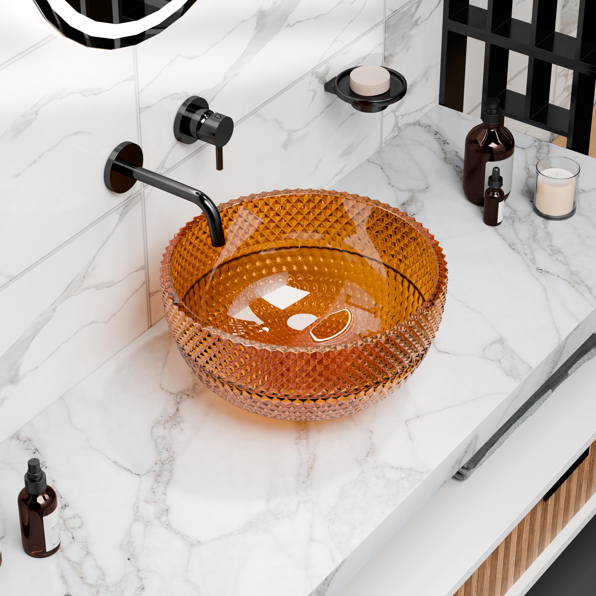 Vessel sink amber glass round bowl with diamond-textured exterior, above-counter bathroom basin