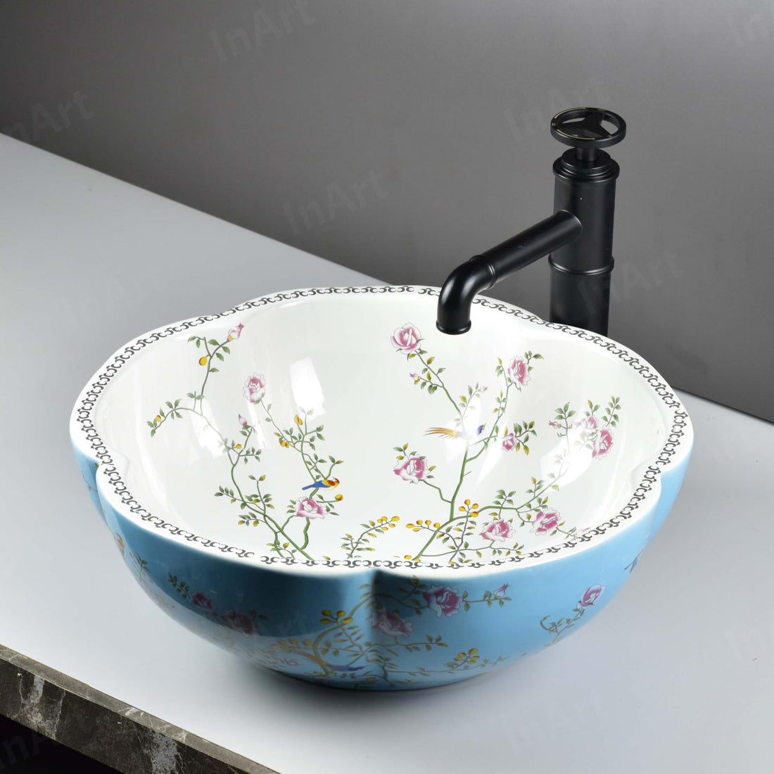 Bathroom vessel sink glazed ceramic round bowl with scalloped rim, glossy light blue floral bird exterior