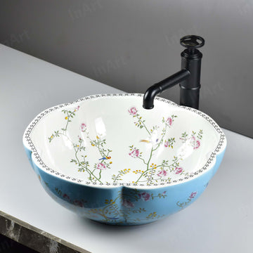 Bathroom vessel sink glazed ceramic round bowl with scalloped rim, glossy light blue floral bird exterior