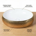 Gold ceramic vessel sink bowl, side angle view with glossy finish