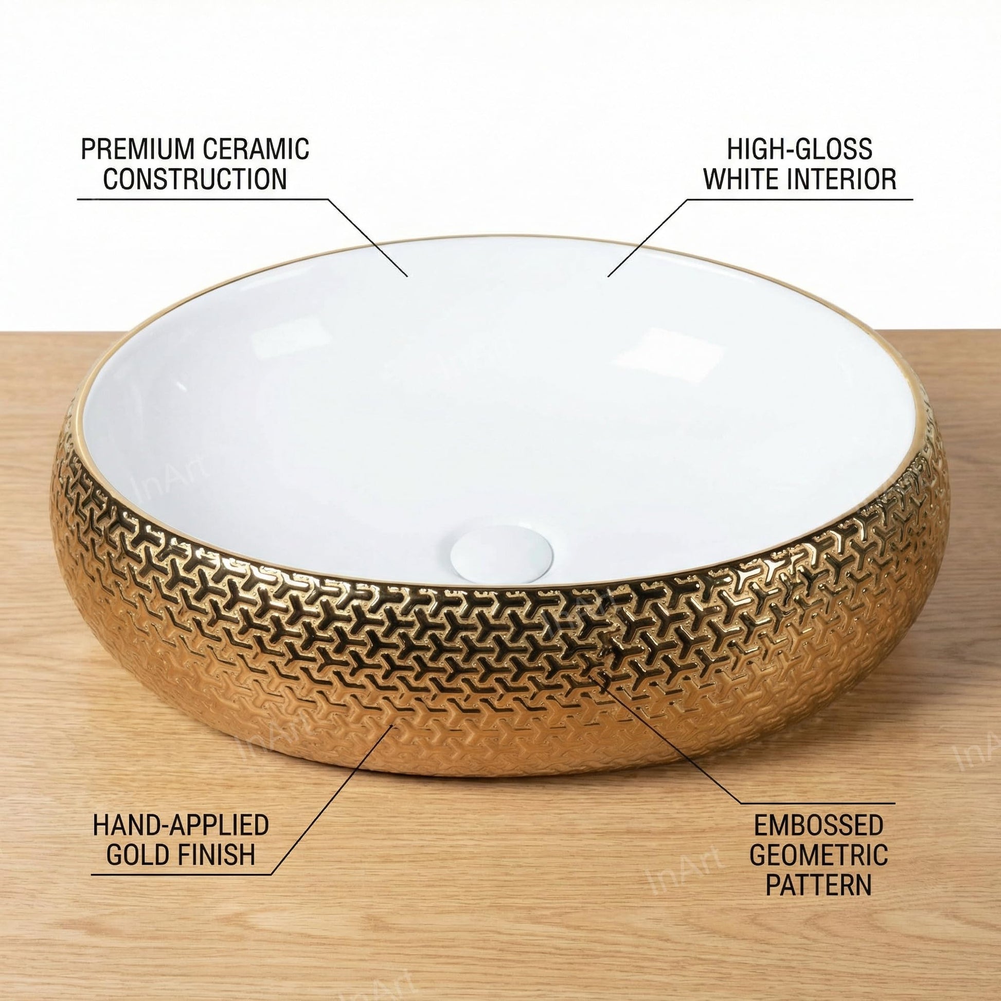 Gold ceramic vessel sink bowl, side angle view with glossy finish