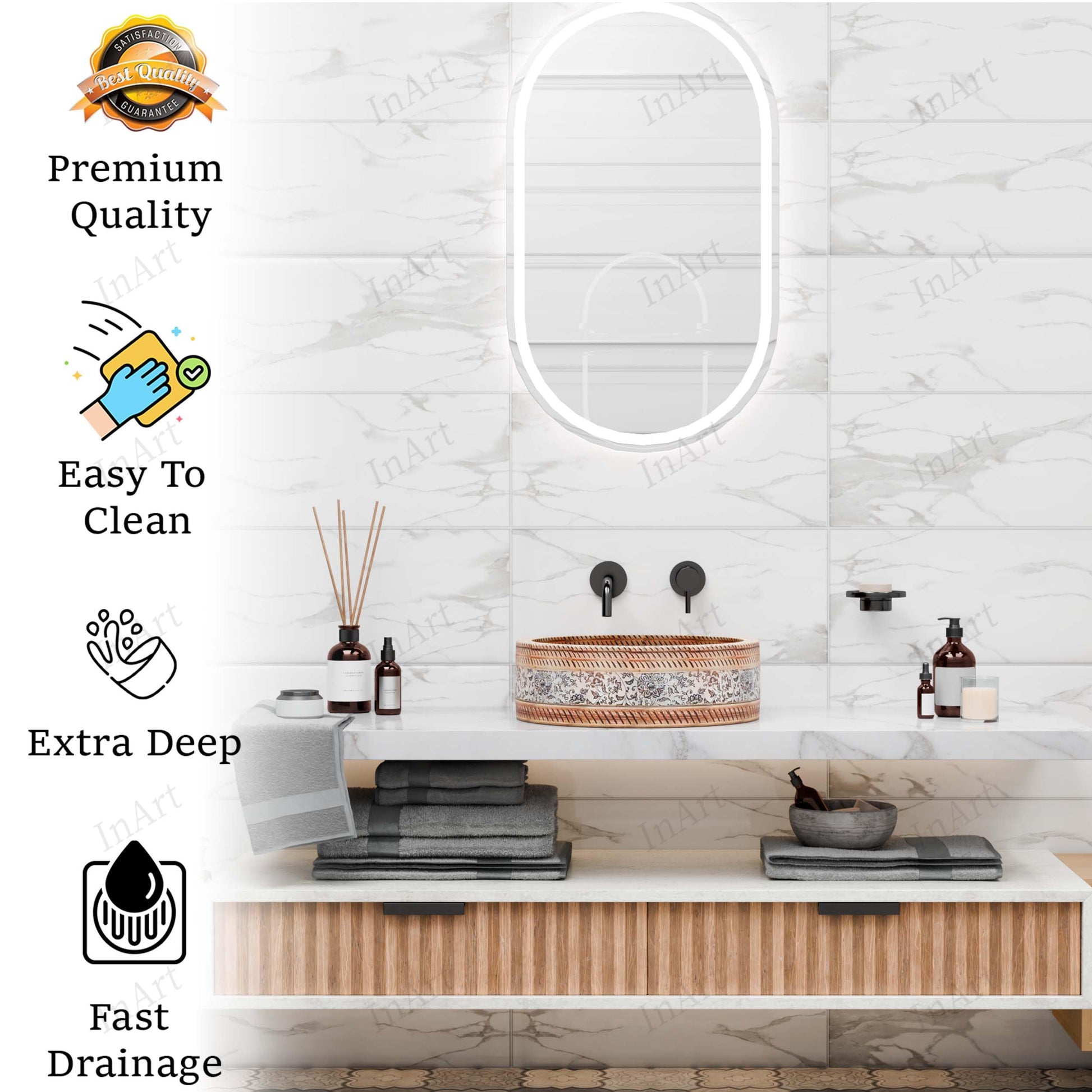 Side profile of glossy glazed ceramic round vessel sink showing 5.5-inch bowl depth