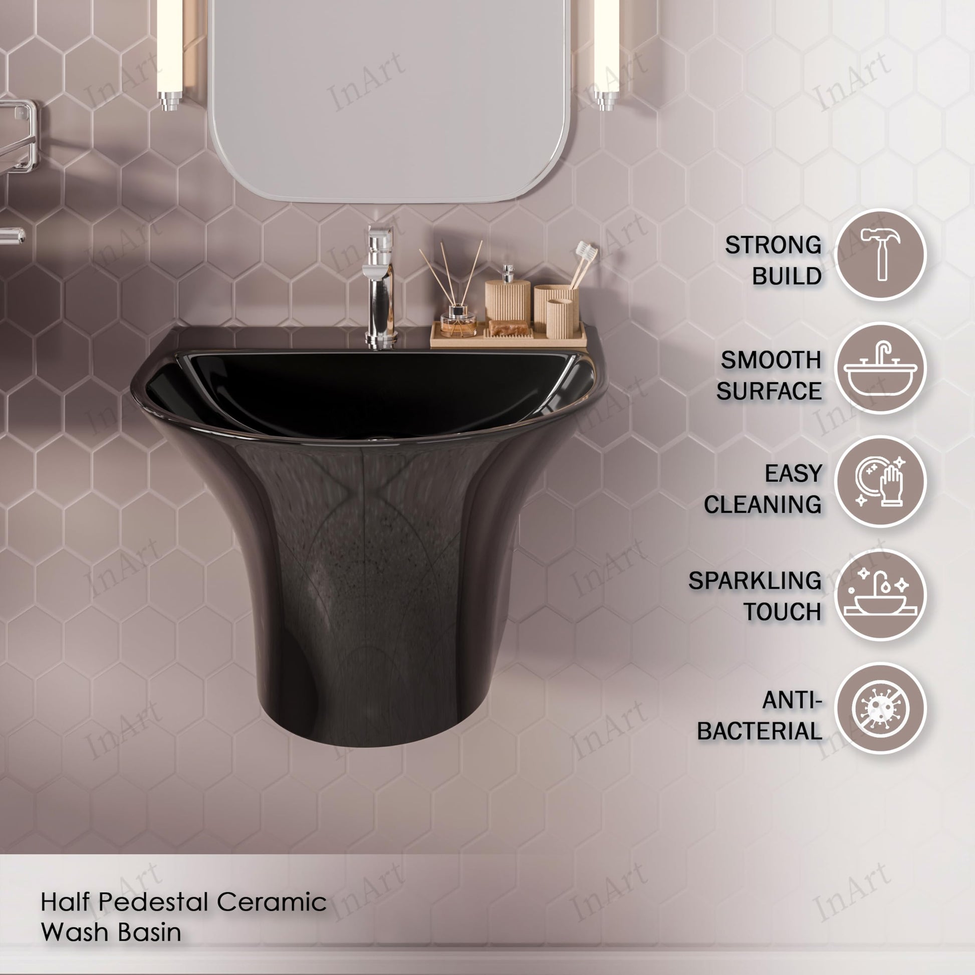 Oval black ceramic wall mount small bathroom sink showing 7-inch deep basin interior