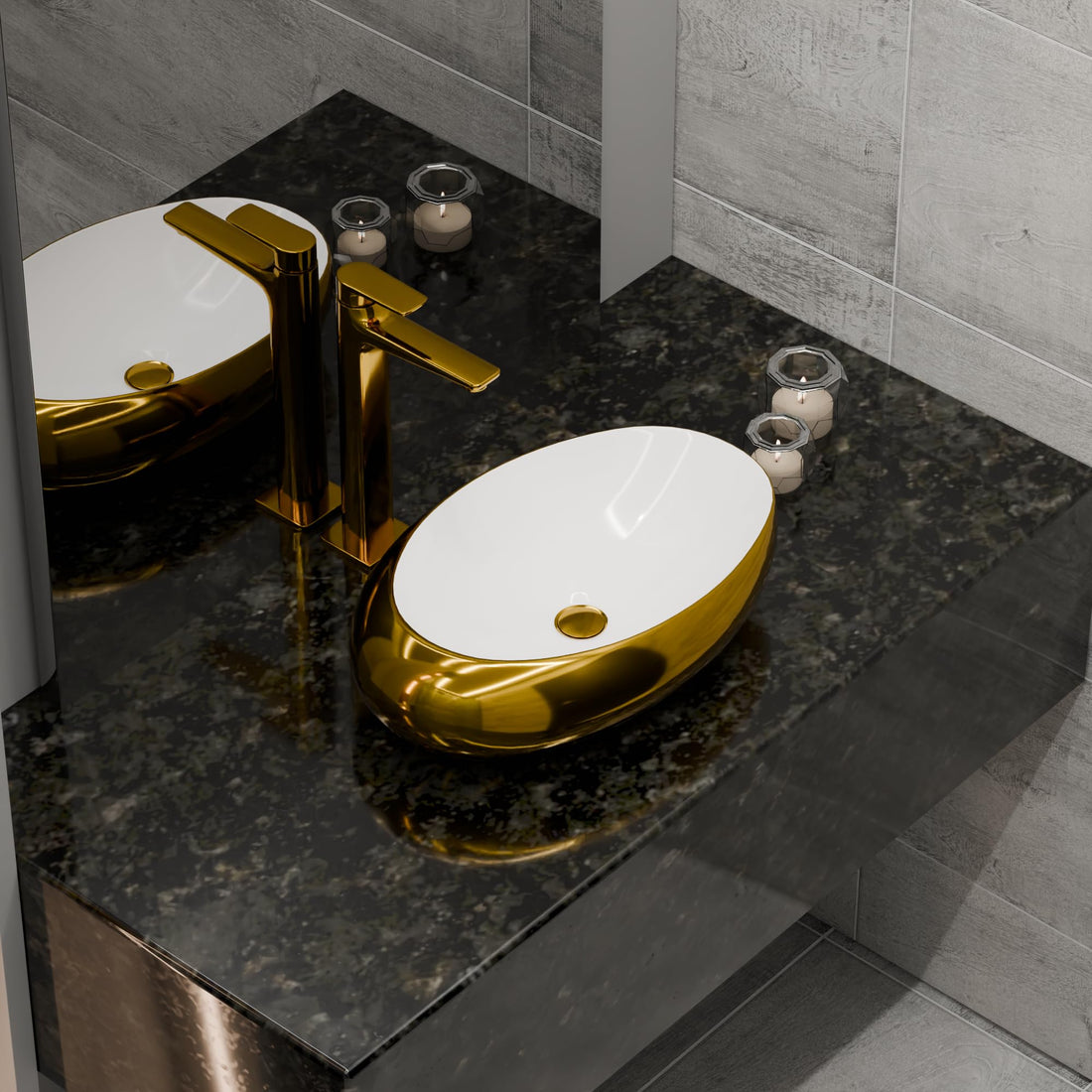 Vessel sinks InArt tabletop ceramic oval wash basin, glossy white and gold, 20x12x5 inch