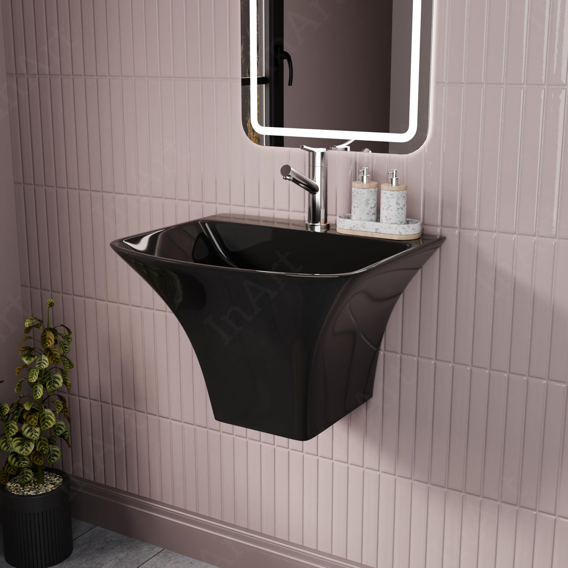 Rectangular glazed ceramic wall-hung bathroom sink in glossy black showing single-hole faucet deck and overflow