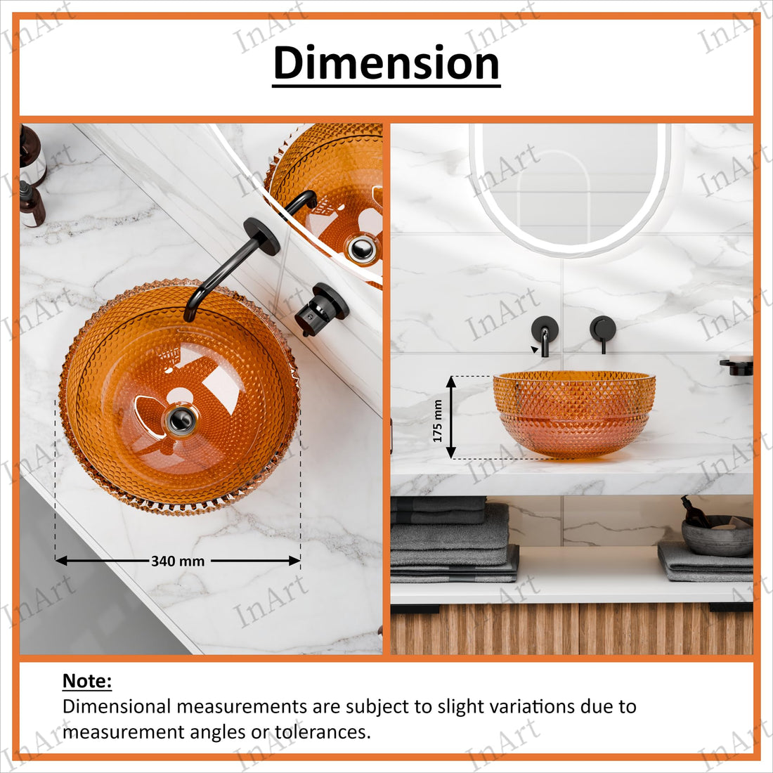 Vessel sink amber glass round bowl with diamond-textured exterior, above-counter bathroom basin