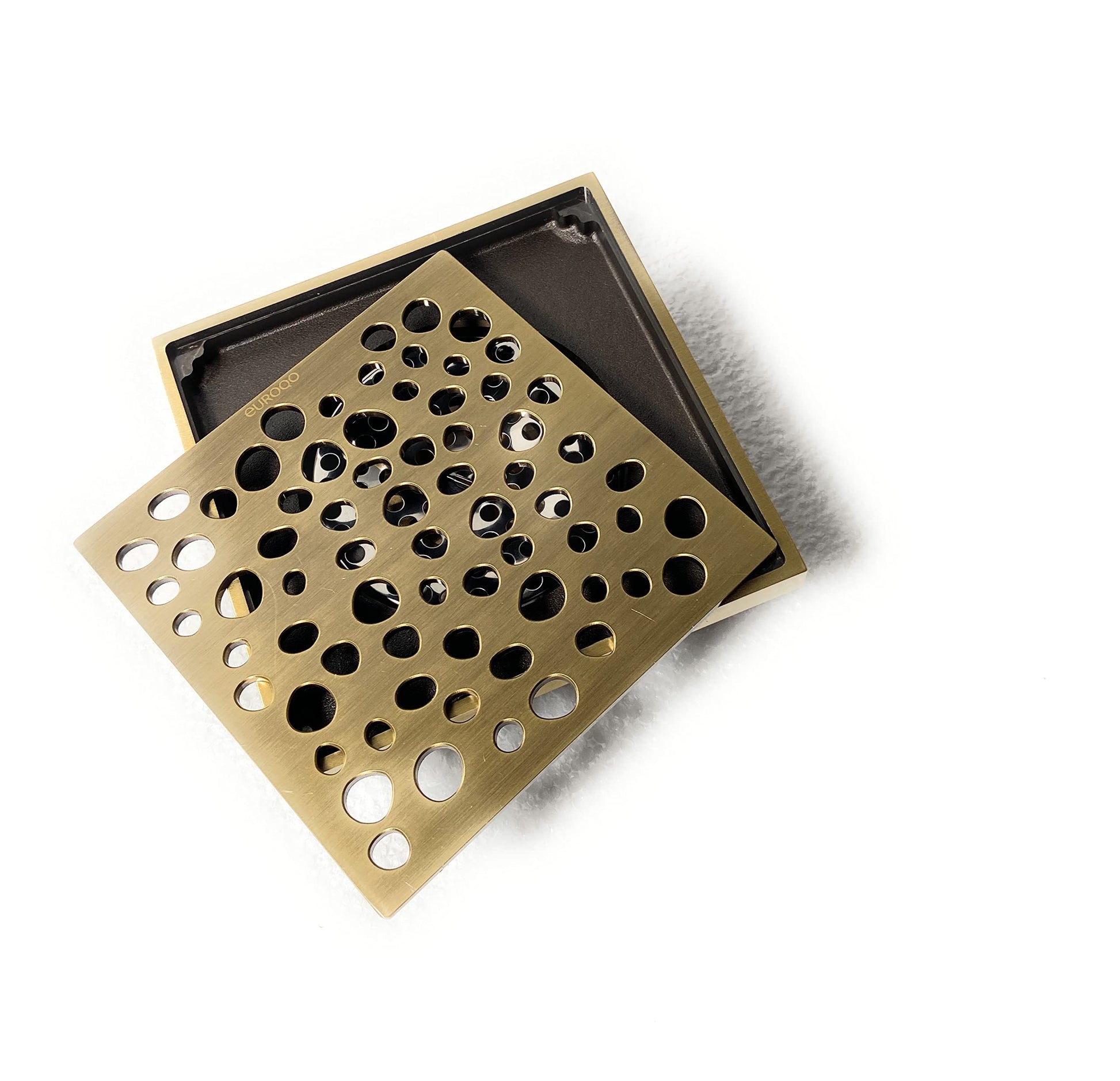 4 inch outlet square floor drain in brushed antique brass finish for tile shower floors