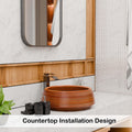 Side profile of glossy ceramic round vessel sink bowl, wood-grain look, vessel mount installation