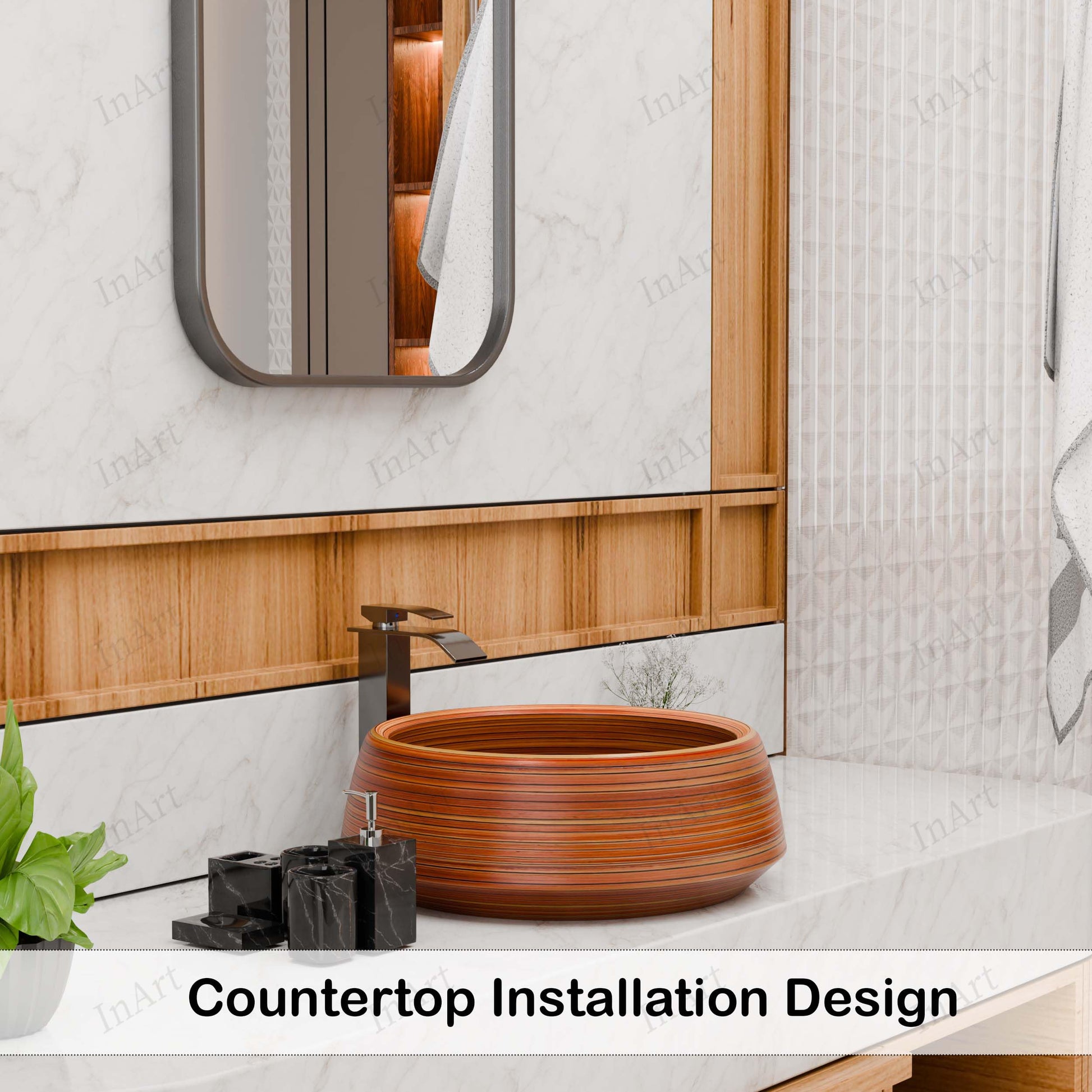 Side profile of glossy ceramic round vessel sink bowl, wood-grain look, vessel mount installation