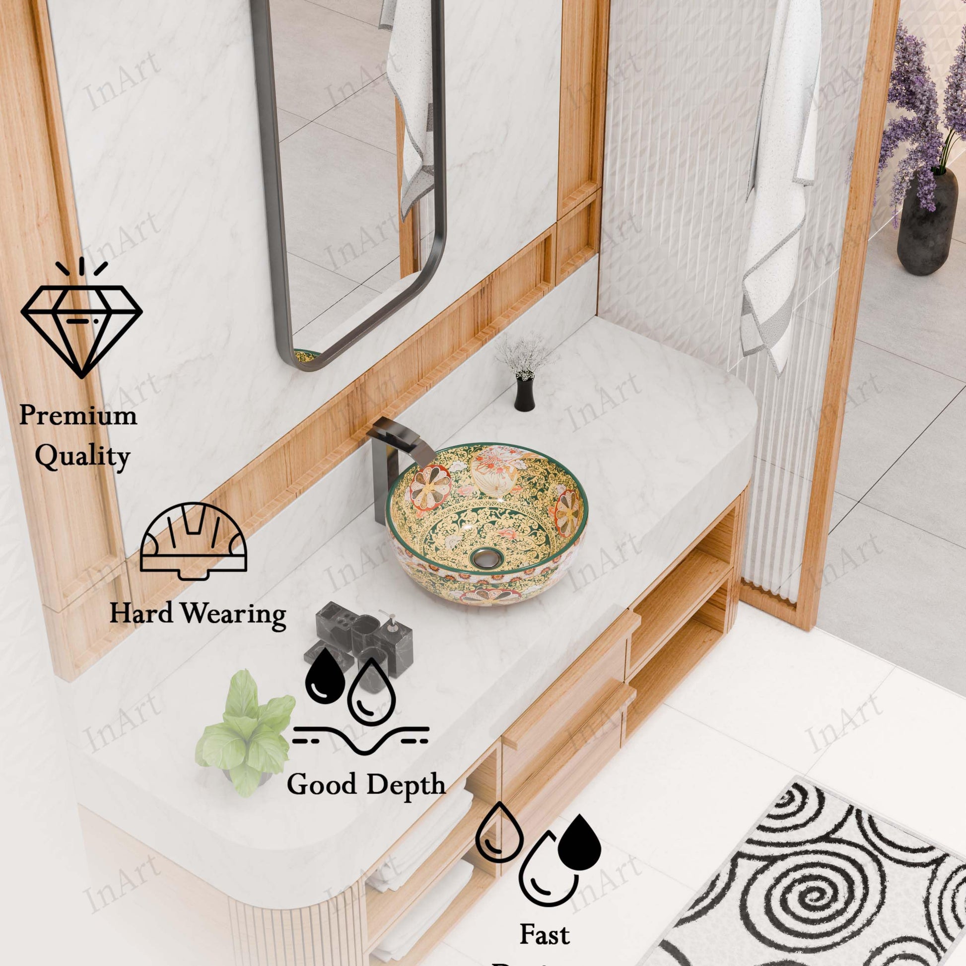 Angled view of above-counter round ceramic vessel sink showing 16.5-inch diameter and glossy finish