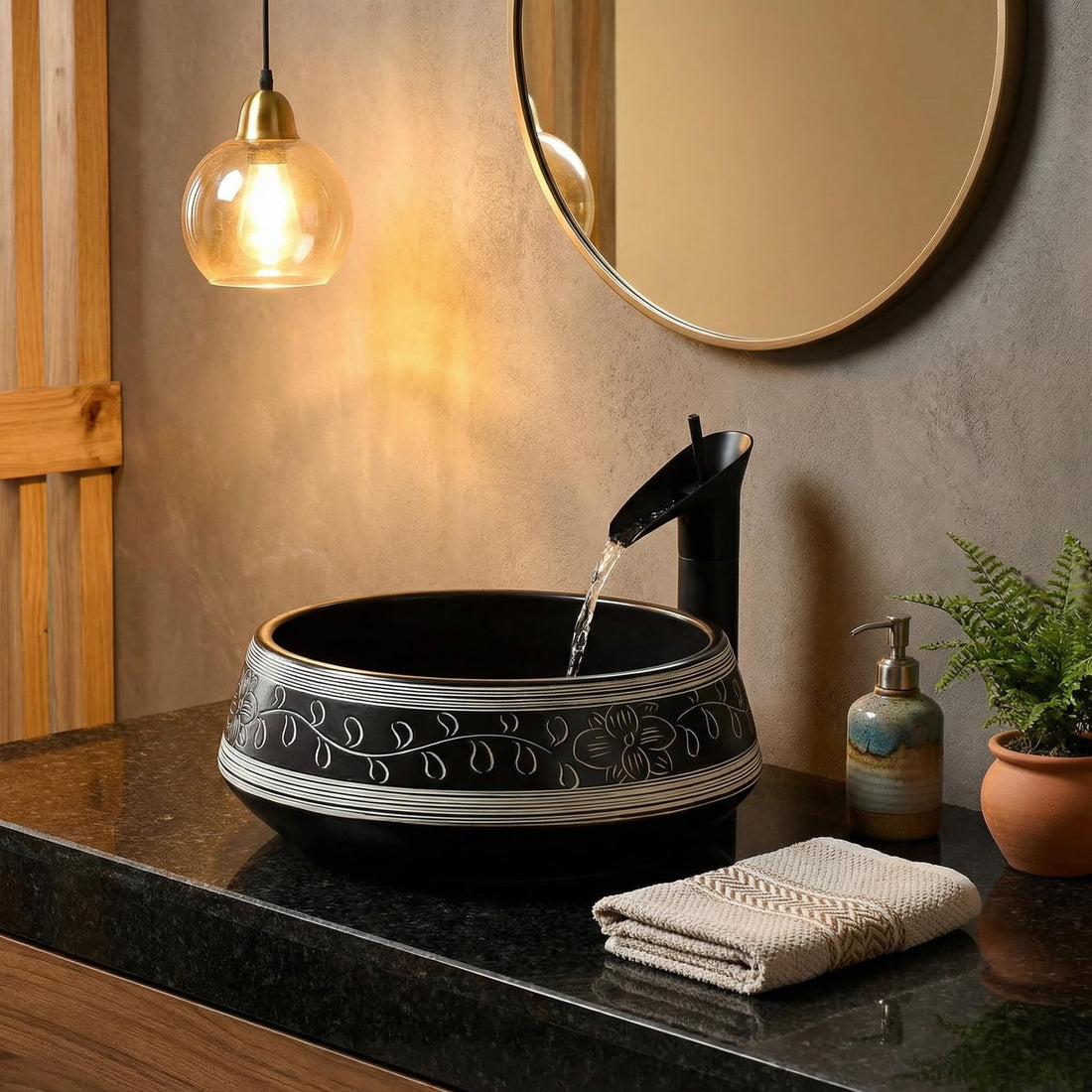 Bathroom ceramic basin InArt round black ceramic vessel sink tabletop wash basin