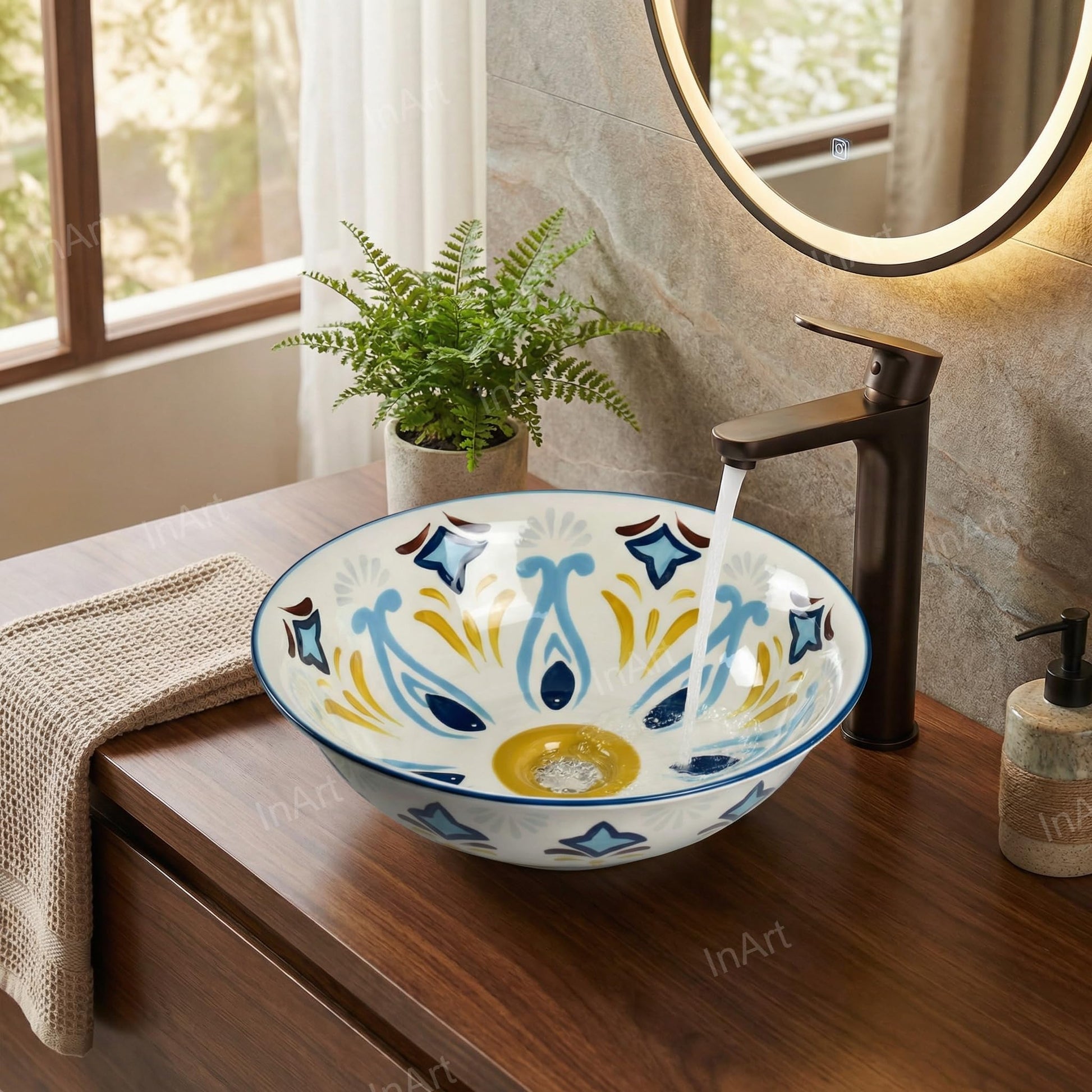 Faucet for vessel sink pairing on round ceramic Mexican blue basin, countertop installation detail